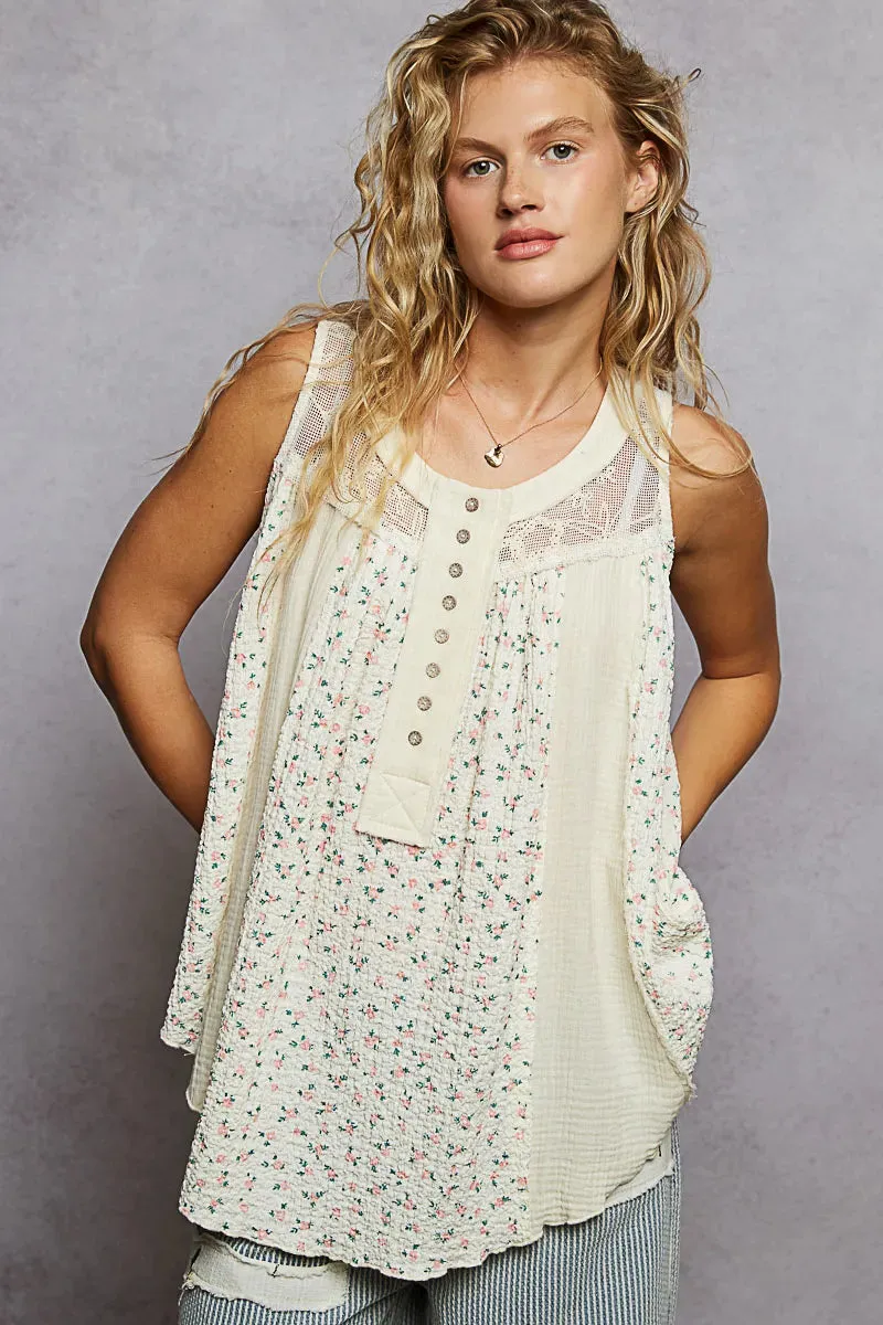 POL Floral Print Button-Front Lace Patchwork Tank Top sold by Charming Charlie