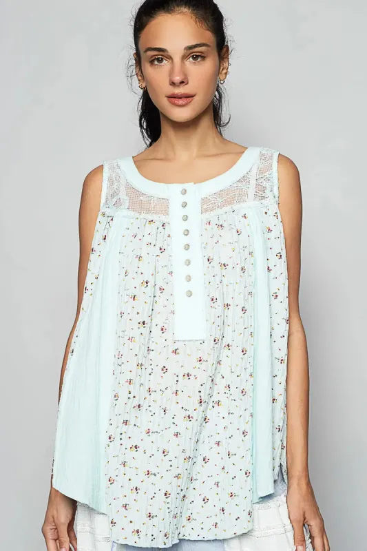 POL Floral Print Button-Front Lace Patchwork Tank Top sold by Charming Charlie