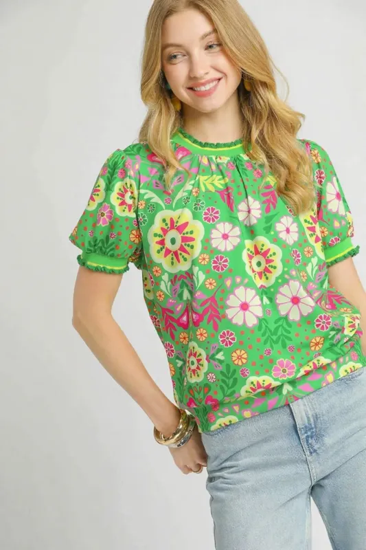 Umgee Retro Floral Puff Sleeve Top sold by Charming Charlie