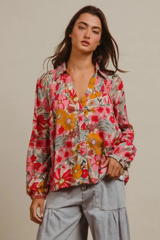 BiBi Woven Floral Printed Shirt Top sold by Charming Charlie