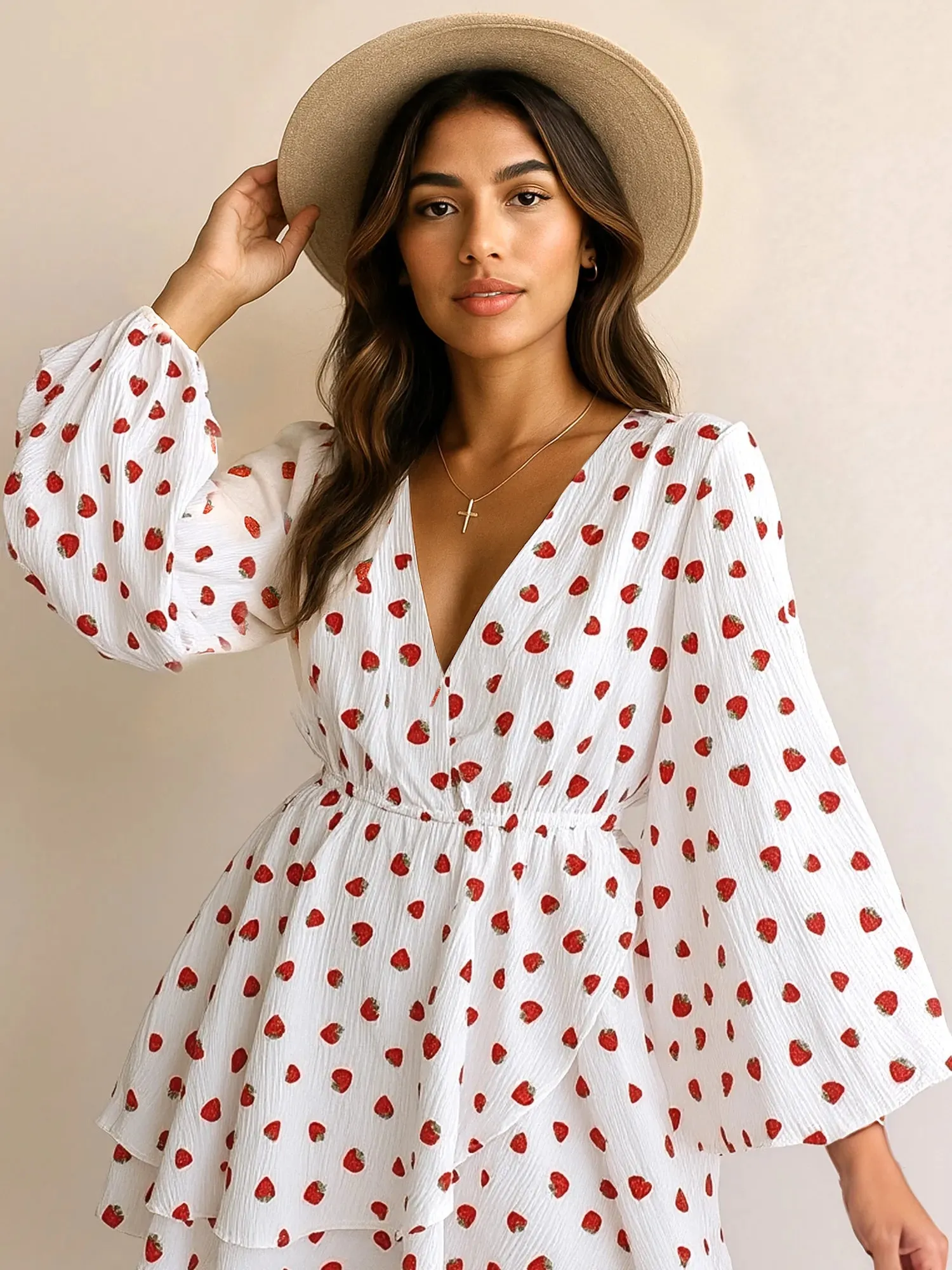 Strawberry Print Long Sleeve Mini Dress sold by Charming Charlie