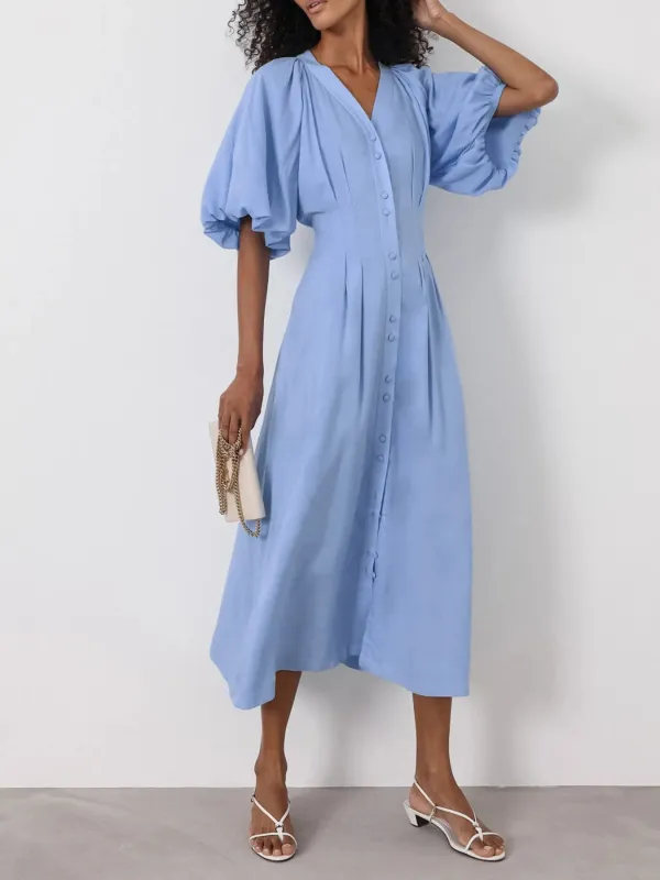 Puff Sleeve Button-Front Midi Dress sold by Charming Charlie