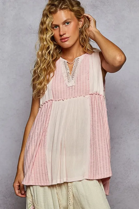 POL Lace Trim Two-Tone Tank with Pintuck Detail sold by Charming Charlie