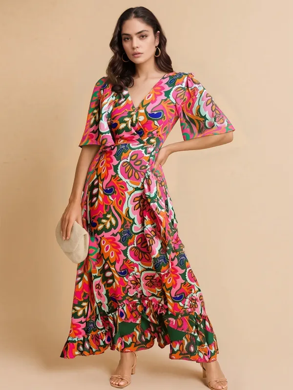 Floral Print Wrap Maxi Dress with Ruffle Details sold by Charming Charlie