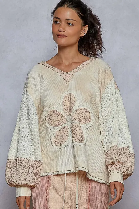 POL Raw Hem Washed Hoodie with Flower Patch sold by Charming Charlie