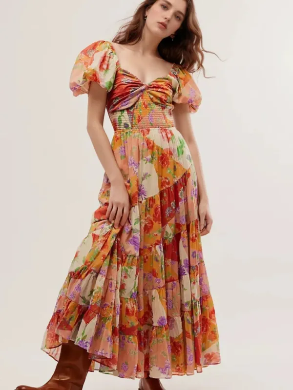 Printed Sweetheart Neck Puff Sleeve Maxi Dress sold by Charming Charlie
