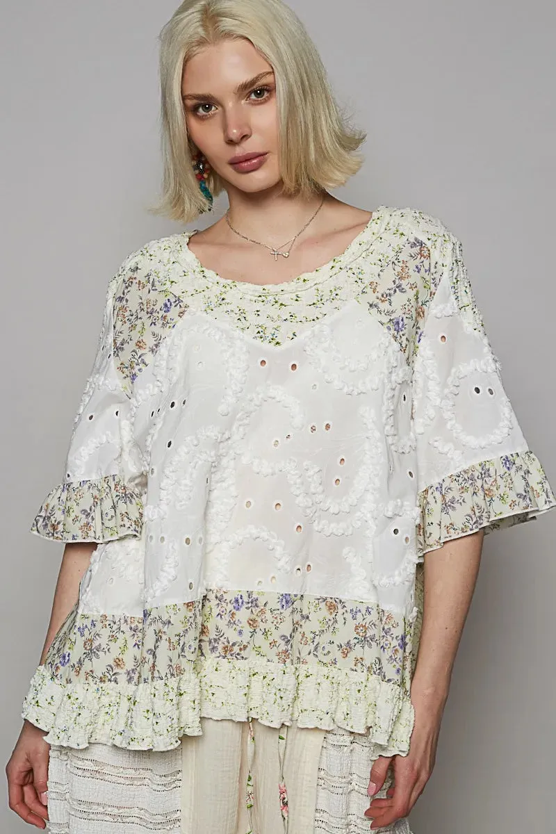 POL Floral Print Eyelet Ruffled Hem Blouse sold by Charming Charlie