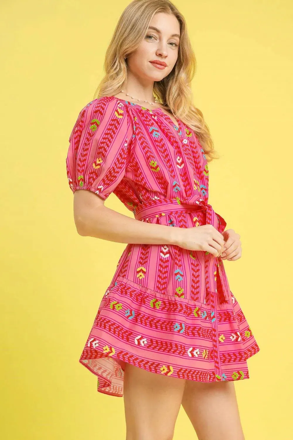 Umgee Printed Tie Waist Puff Short Sleeve Mini Dress sold by Charming Charlie product image thumbnail 2