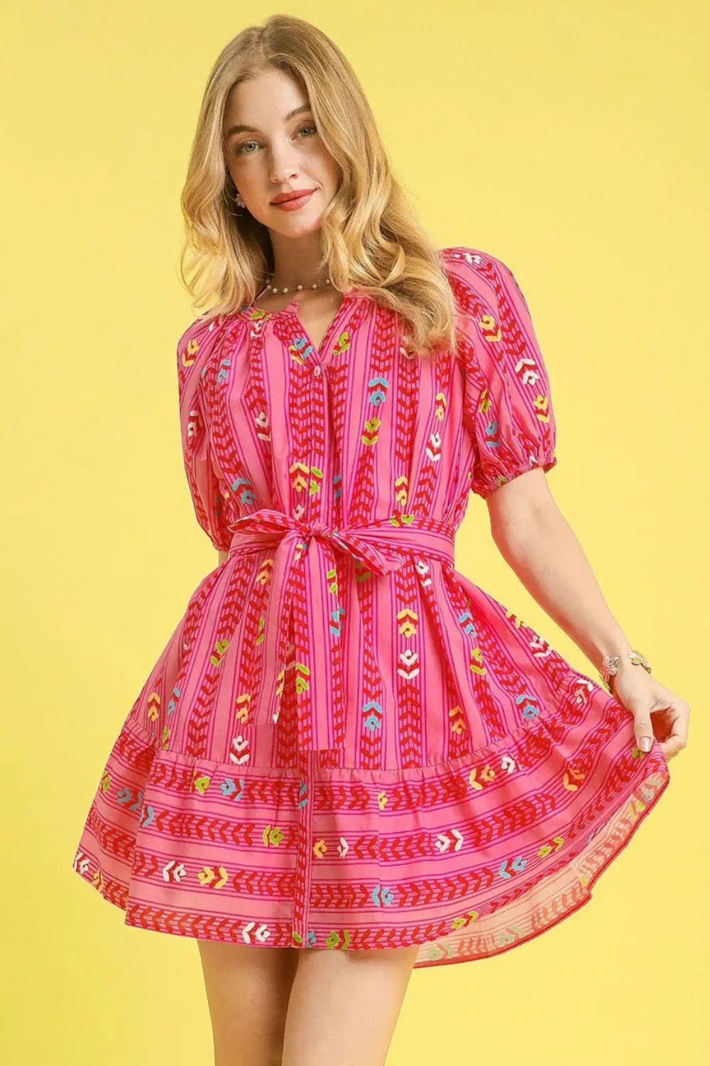 Umgee Printed Tie Waist Puff Short Sleeve Mini Dress sold by Charming Charlie