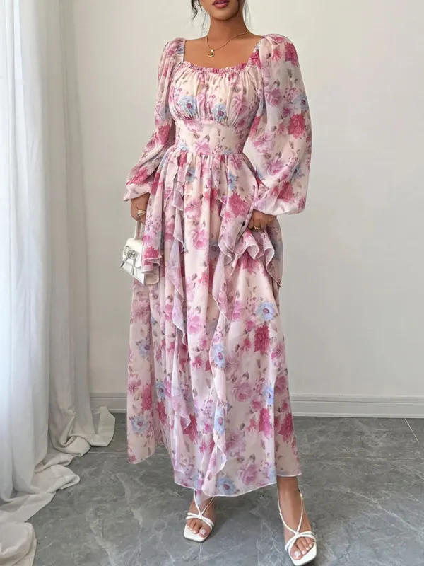 Ruffled Floral Print Balloon Sleeve Maxi Dress sold by Charming Charlie