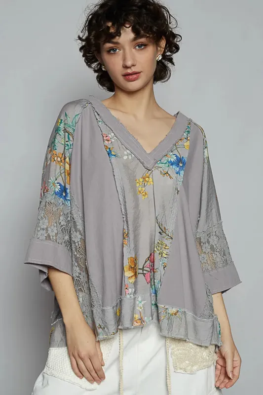 POL Floral V-Neck Raw Edge T-Shirt with Lace Detail sold by Charming Charlie