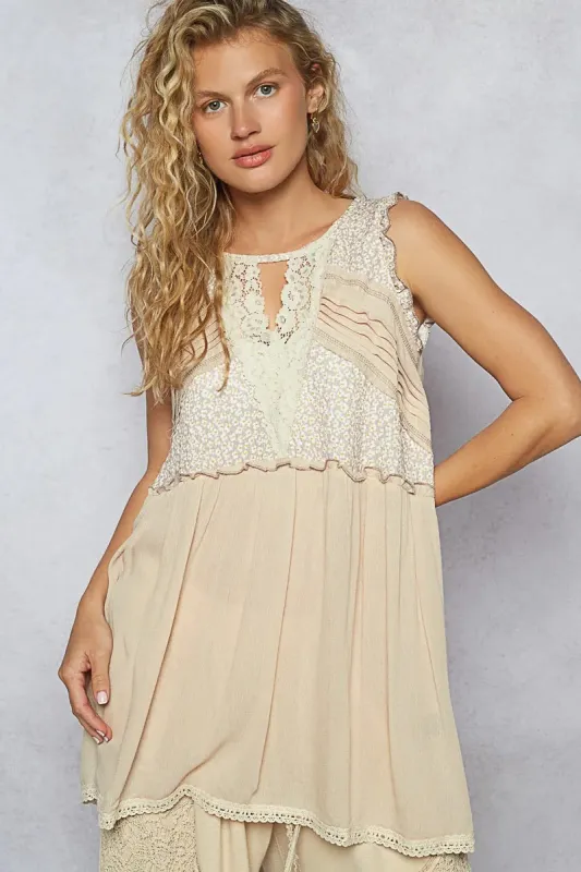 POL Lace Detail Keyhole Tank Top with Crochet Trim sold by Charming Charlie