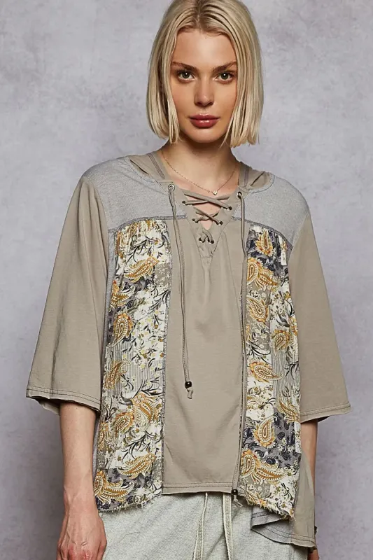 POL Lace-Up Hooded T-Shirt with Paisley Panel Detail sold by Charming Charlie