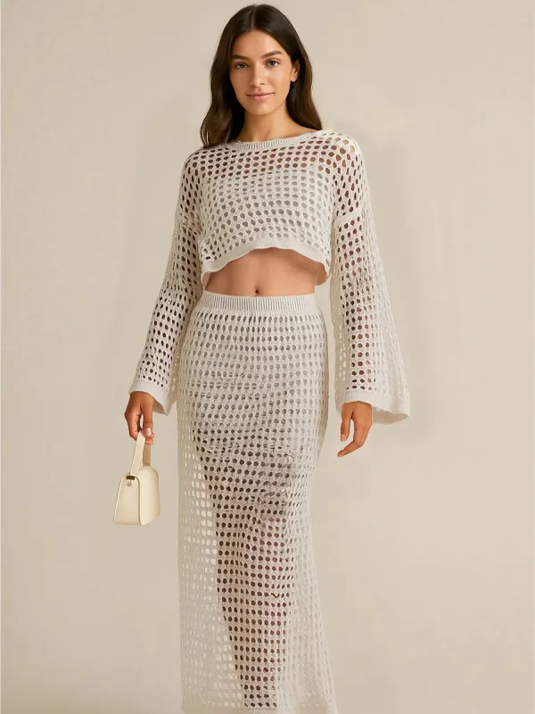 Hollow Out Long Sleeve Top and Skirt Knit Set sold by Charming Charlie