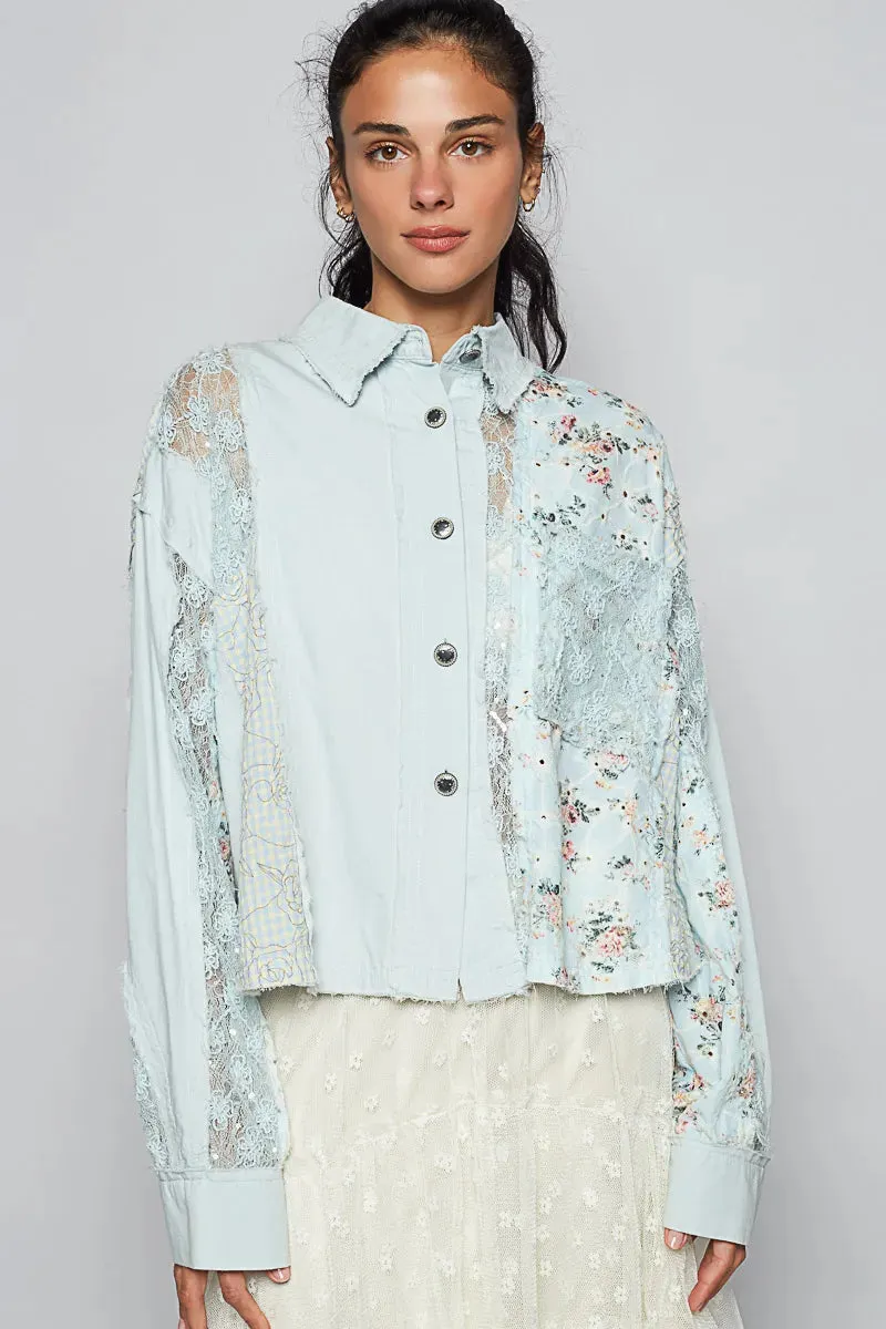 POL Floral Long Sleeve Shirt with Lace Panel Details sold by Charming Charlie