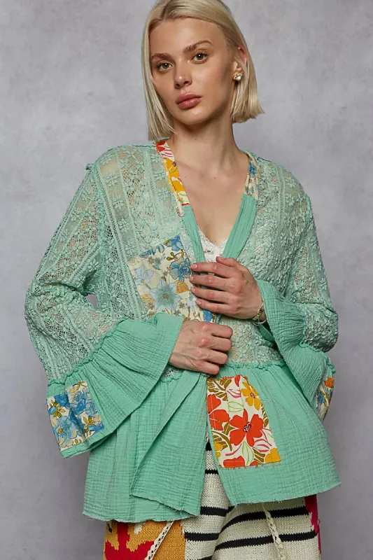 POL Lace Ruffled Hem Open Front Cardigan sold by Charming Charlie