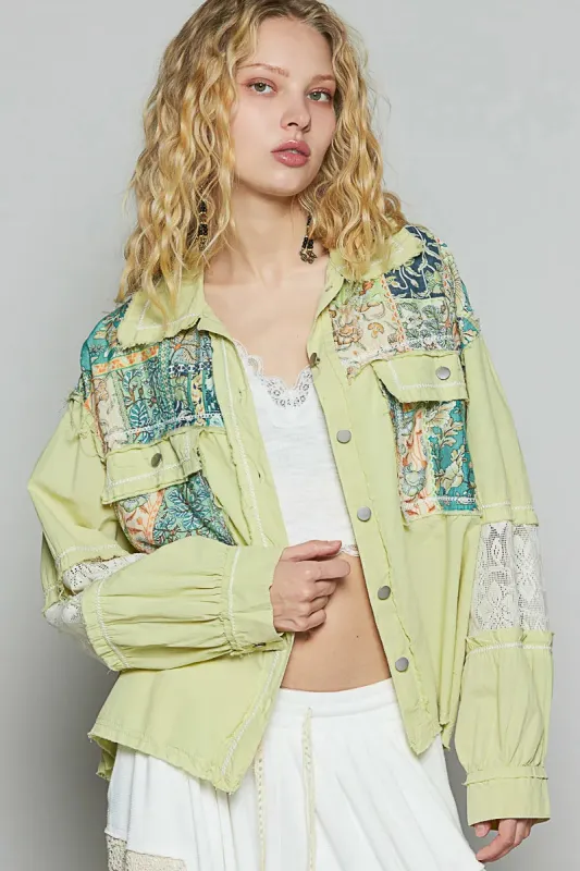 POL Printed Woven Mix Raw Hem Jacket with Lace Detail sold by Charming Charlie