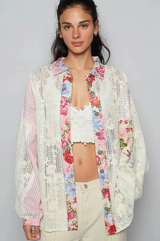 POL Lace Long Sleeve Shirt with Floral and Striped Pattern sold by Charming Charlie