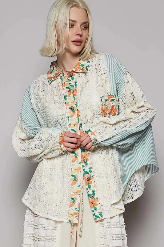 POL Lace Long Sleeve Shirt with Floral and Striped Pattern sold by Charming Charlie