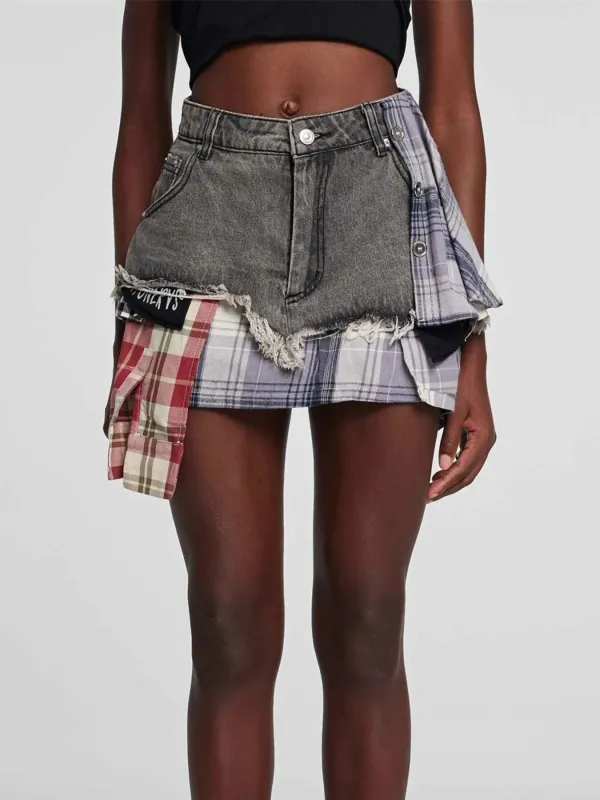 Raw Hem Denim Mini Skirt with Plaid Patch Details sold by Charming Charlie