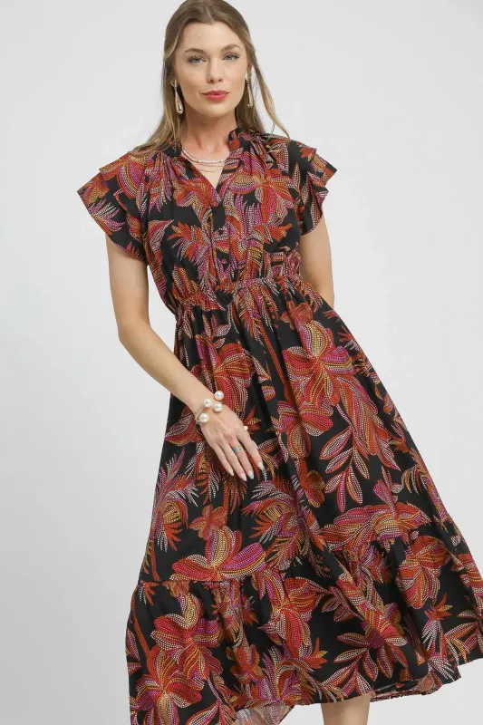 Umgee Mix Ruffle Sleeve Tropical Midi Dress sold by Charming Charlie