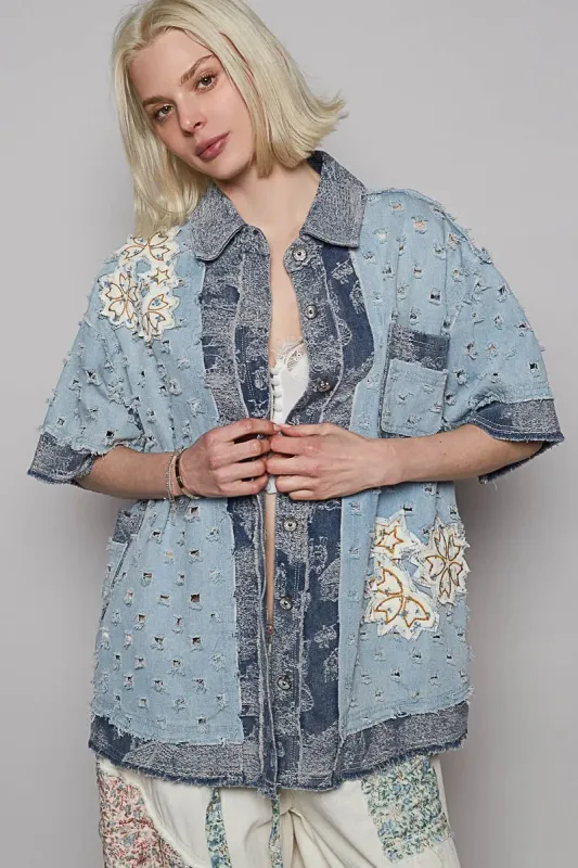 POL Distressed Button Up Half Sleeve Denim Shirt sold by Charming Charlie
