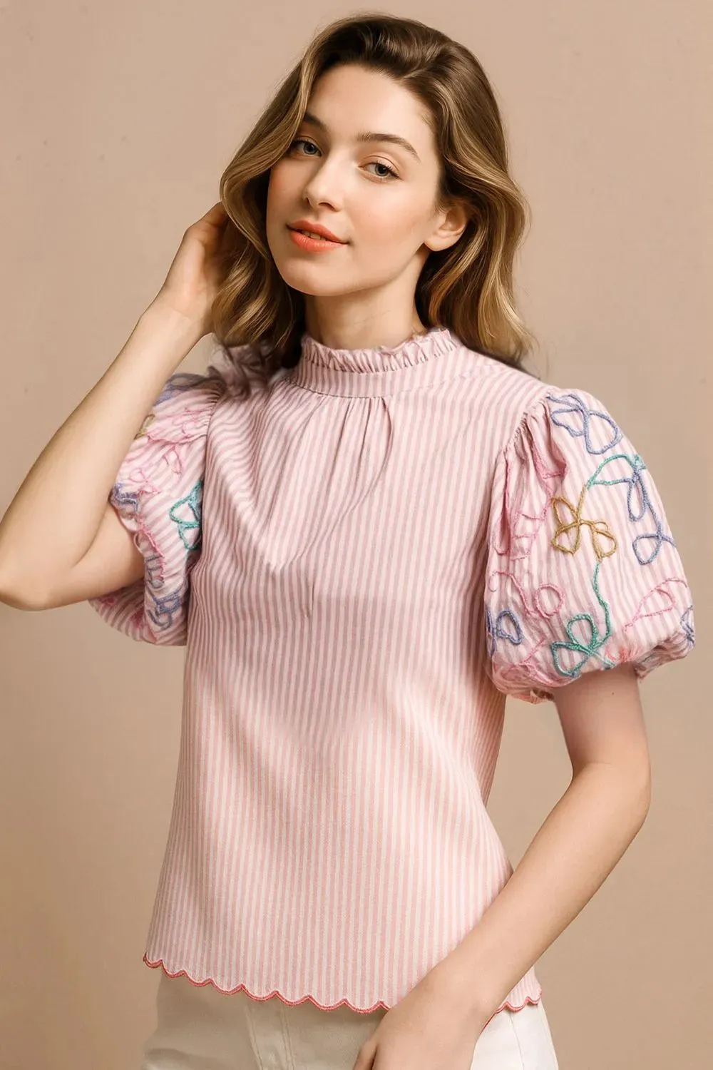 BiBi Embroidery Bubble Sleeve Top With Bottom Scallop Detail sold by Charming Charlie