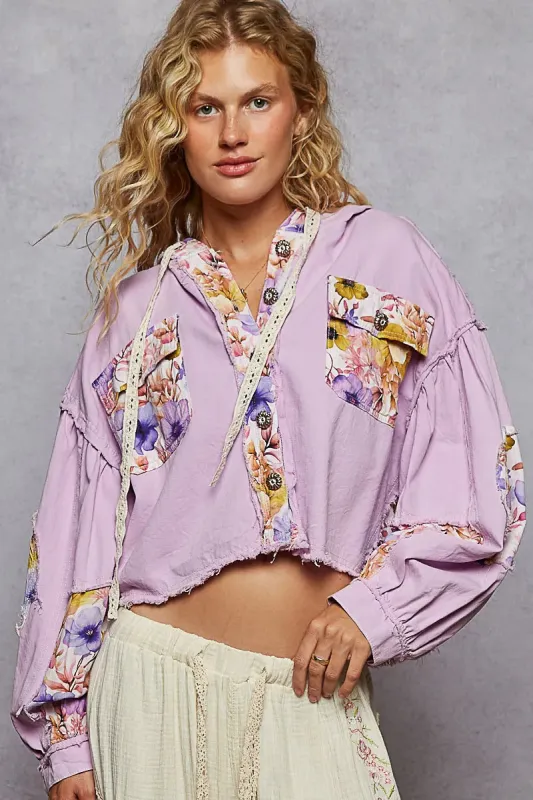 POL Raw Hem Floral Print Cropped Hooded Jacket sold by Charming Charlie