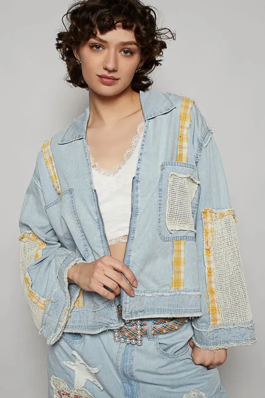 POL Raw Hem Zip Up Denim Jacket with Plaid and Crochet Patch sold by Charming Charlie