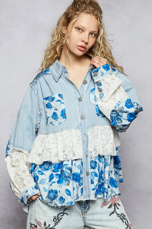 POL Floral Patchwork Denim Shirt with Lace Trim Details sold by Charming Charlie
