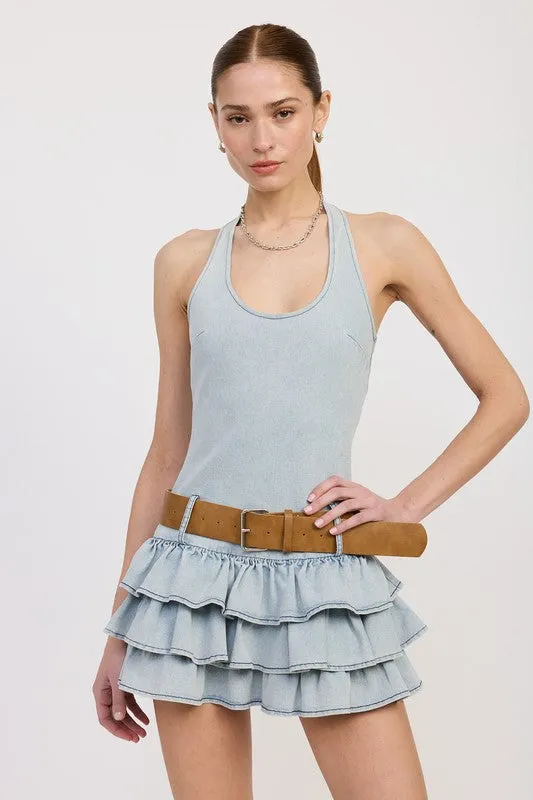 TIERED MINI DRESS WITH HALTER NECK AND BELT sold by Charming Charlie