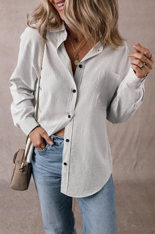 Stripe Roll-tab Sleeve Pocketed Long Shirt sold by Charming Charlie