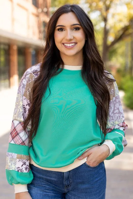 Vintage Paisley Patchwork Long Sleeve Raglan Top sold by Charming Charlie