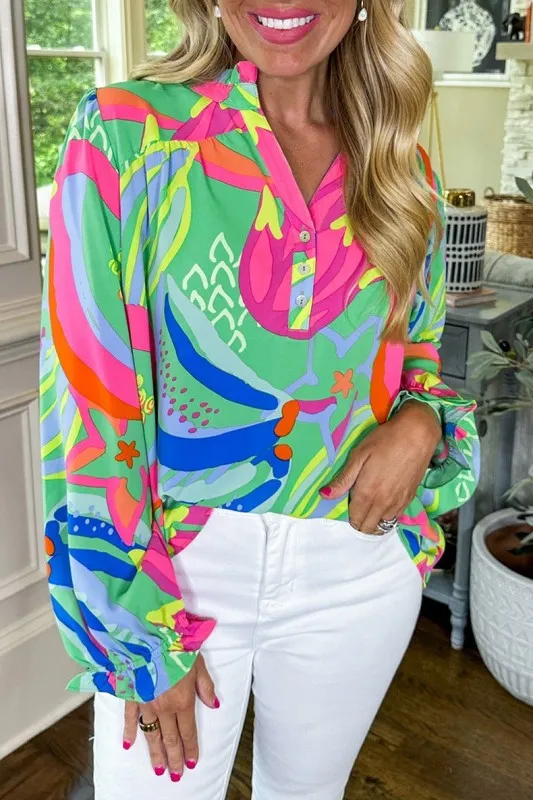 Abstract Print Ruffled Sleeve Buttoned Blouse sold by Charming Charlie
