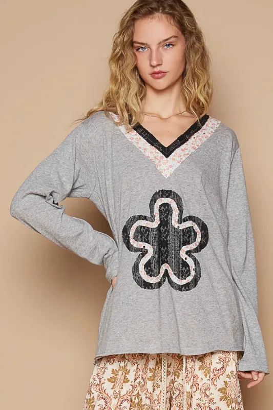 POL Lace Flower Patch Long Sleeve T-Shirt sold by Charming Charlie