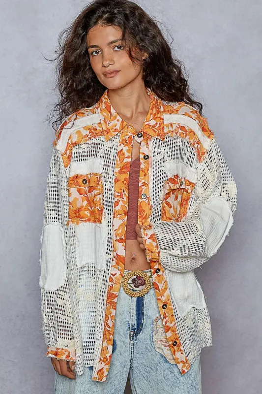 POL Floral Print Crochet Button Up Shirt sold by Charming Charlie