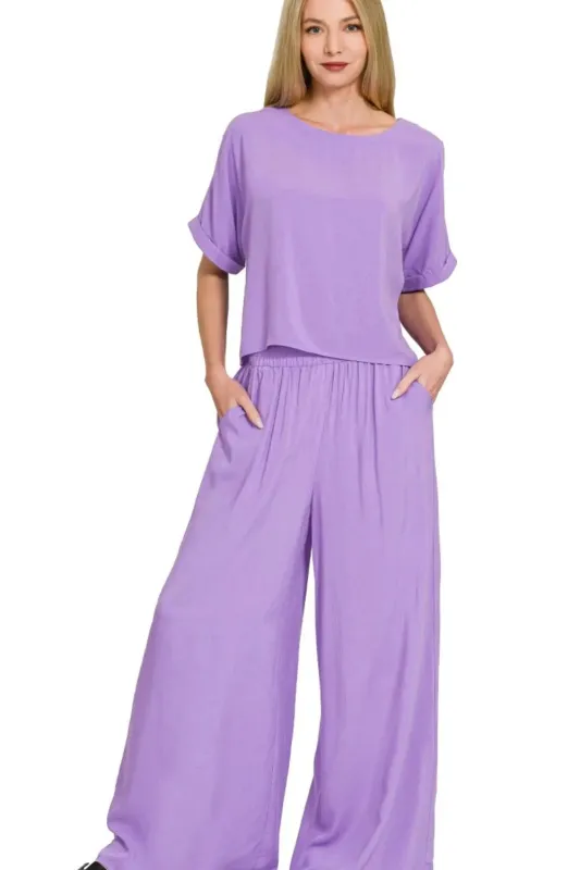 Zenana Round Neck T-Shirt and Wide Leg Pants Set sold by Charming Charlie