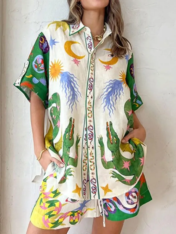 Full Size Printed Short Sleeve Top and Shorts Set Plus Size sold by Charming Charlie