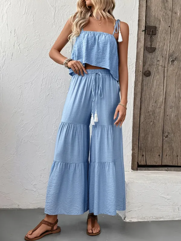 Ruffle Cami Top and Wide Leg Pants Set sold by Charming Charlie