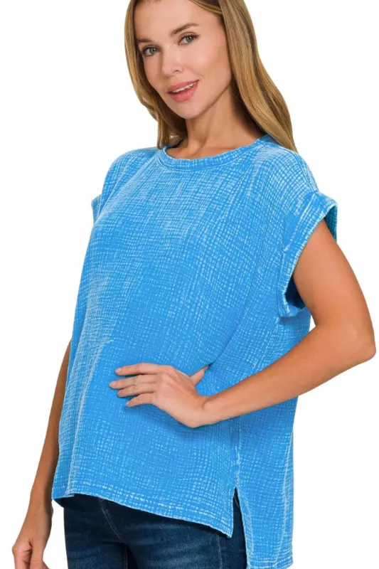 Zenana Woven Double Gauze Acid Washed Short Sleeve Top sold by Charming Charlie