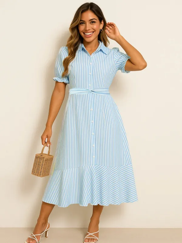 Striped Button-Down Midi Shirt Dress with Ruffle Sleeves sold by Charming Charlie