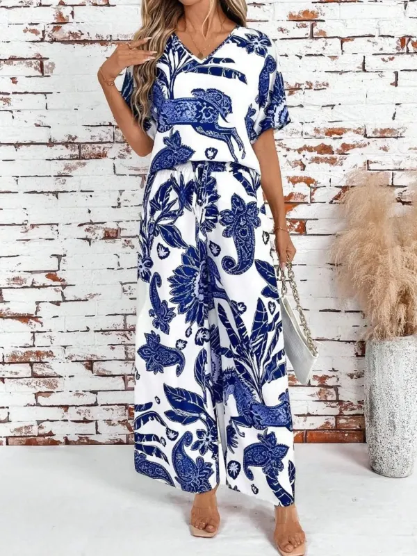Printed V-Neck Top and Wide Leg Pants Set sold by Charming Charlie