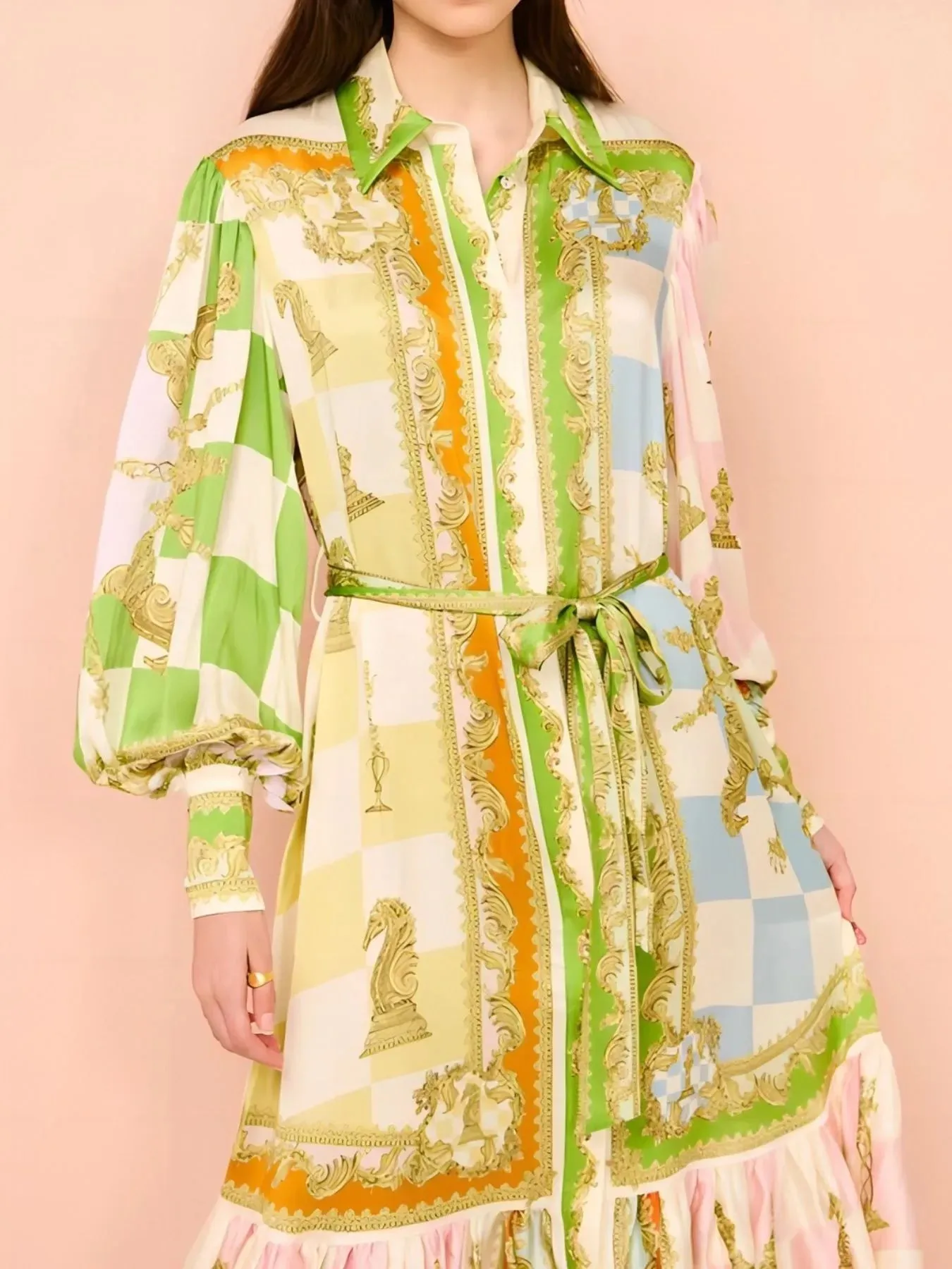 Printed Tie Waist Lantern Sleeve Dress sold by Charming Charlie