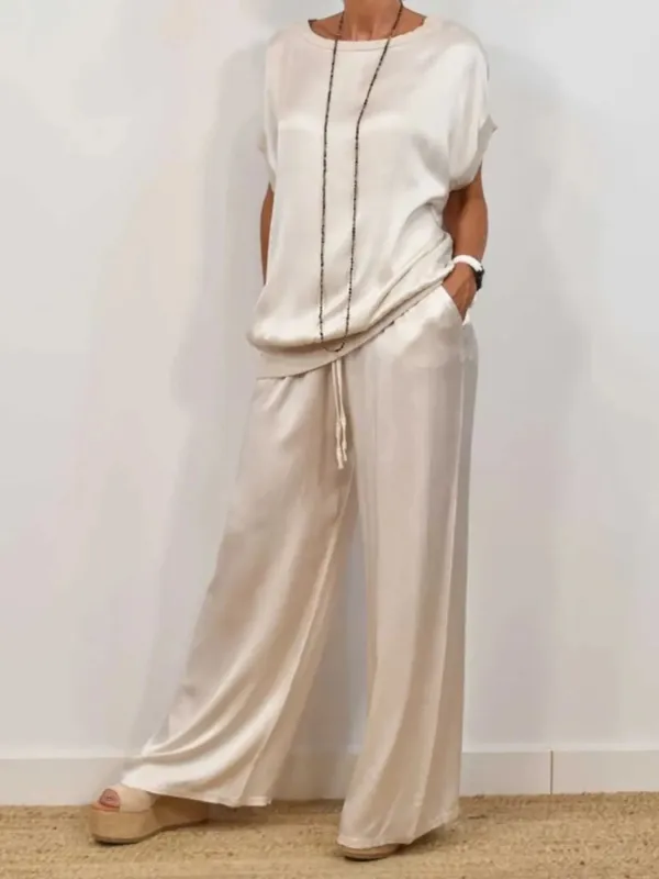 Full Size Satin Round Neck Top and Pants Two-Piece Set Plus Size sold by Charming Charlie
