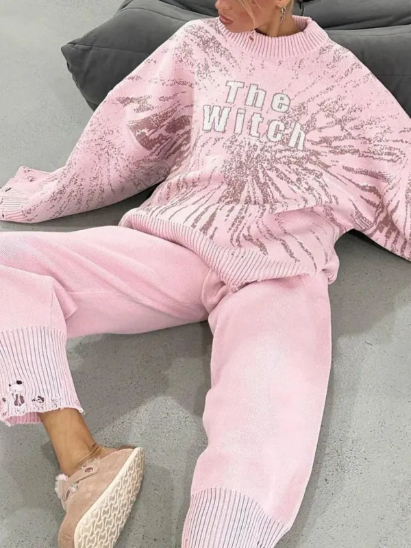 Distressed Letter Round Neck Top and Pants Sweater Set sold by Charming Charlie