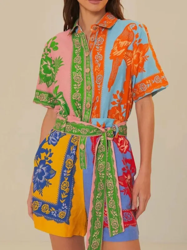 Printed Short Sleeve Tie Waist Romper sold by Charming Charlie