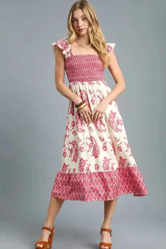 Umgee Printed Smocked Midi Dress with Ruffle Details sold by Charming Charlie