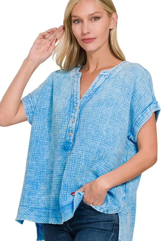 Zenana Washed Double Gauze 3/4 Button Henley Neck Shirt sold by Charming Charlie