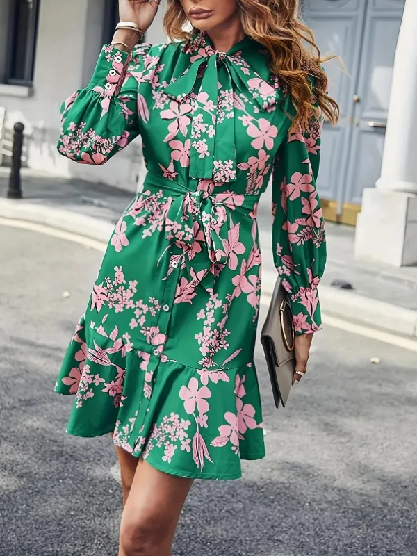 Ruffled Hem Floral Long Sleeve Tie-Waist Dress sold by Charming Charlie