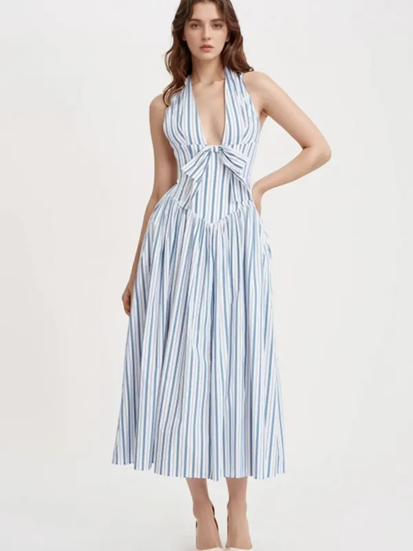 Striped Halter Neck Midi Dress with Tie Front Detail sold by Charming Charlie
